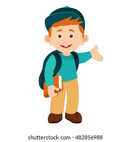 Full length portrait of a schoolboy with backpack invites to school, isolated on white background. Cartoon young student  holding a book. the boy with the wide smile and friendly facial expression