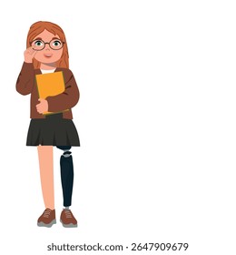 Full length portrait of schoolgirl with prosthetic leg.Cartoon girl adjusting her glasses, full length portrait. Childrens school concept. Back to school. Copy space for your text. Vector illustration