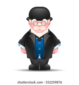 Full length portrait of senior man dressed in formal suit. Cheerful elderly gentleman in a bowler hat isolated on white. Vector illustration 10 EPS