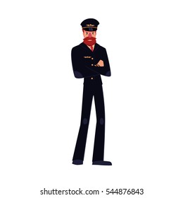 Full length portrait of serious civil airline pilot with beard and whiskers wearing black uniform, cartoon vector illustration isolated on white background. Hipster pilot wearing black uniform