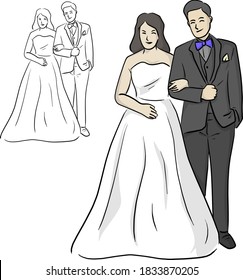 Full length portrait of a smiling beautiful bride and a groom by her side vector illustration sketch doodle hand drawn with black lines isolated on white background
