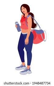 Full length portrait of a smiling sports woman with sports bag and water bottle. Fitness woman trendy cartoon vector flat illustration for fitness class or motivation for sport on white background.