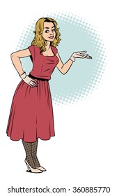 Full length portrait of smiling young woman showing empty space on her palm. Hand drawn illustration in american comic style isolated over white background