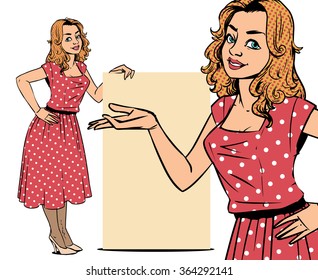 Largo retrato de una joven sonriente vestida con espacio vacío en la palma de su mano. Ilustración dibujada a mano en estilo cómico americano aislado sobre fondo blanco