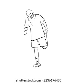 Full length portrait of a sporty man with cap stretching leg illustration vector hand drawn isolated on white background line art.