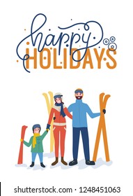 Full length portrait, standing outdoor mother with father holding child and skiing in ski-suit. Greeting postcard with happy holidays isolated on white