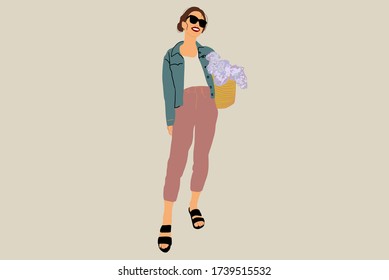 Full length portrait of stylish young woman with flowers on the color background. Vector illustration in flat style