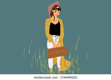 Full length portrait of stylish young woman with bag on the green meadow. Vector illustration in flat style