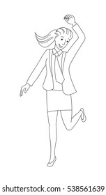 Full length portrait of successful young businesswoman in formal suit dancing, thin line doodle style vector illustration