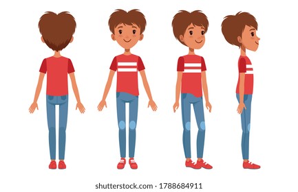 Full Length Portrait of Teenage Boy Character in Fashionable Clothes from Different Sides Front, Back and Side View, Cartoon Style Vector Illustration