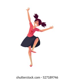 Full length portrait of teenaged black haired girl with ponytails dancing, cartoon style vector illustration isolated on white background. Smiling girl with ponytails dancing in pink and black clothes