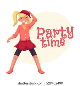 Full length portrait of teenaged blond girl in pink clothes dancing, cartoon style invitation, greeting card design. Party invitation, advertisement, Smiling blond girl with ponytails dancing