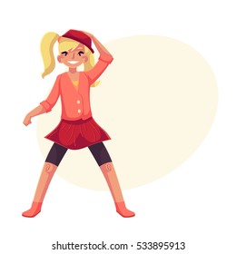 Full length portrait of teenaged blond girl in pink clothes dancing, cartoon style vector illustration isolated on yellow background with place for text. Smiling blond girl with ponytails dancing