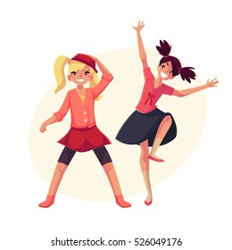 Full length portrait of teenaged girls in pink clothes dancing, cartoon style vector illustration isolated on yellow background with place for text. Smiling two girls with ponytails dancing