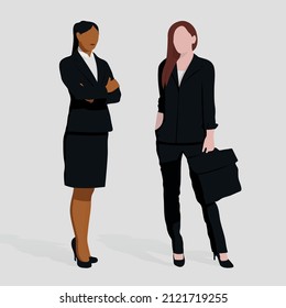 Full length portrait of two business women in black suit standing against white background. Front View. Editable Vector Illustration.