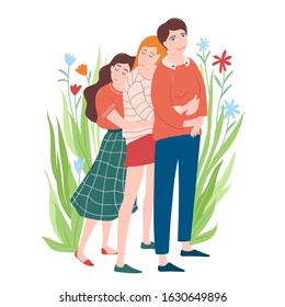 Full length portrait of two young women hugging each other and their mom, feeling happy, mother and daughter love, mothers day, women day greeting card, banner on white background, vector illustration