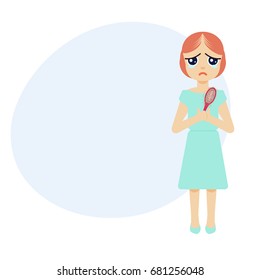 Full length portrait of a woman crying over hair loss. Hair treatment and transplantation concept. Female alopecia infographic medical template with place for text. Cartoon vector illustration.

