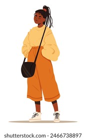 Full length portrait of a woman. Stylish beautiful clothes. Student, street fashion.