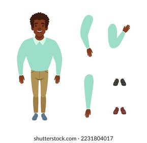 Full length portrait of young African American man, arms and shoes set. Male character creation, constructor for animation cartoon vector illustration