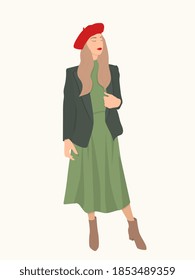 Largo retrato de una joven y hermosa dama francesa con una Chaqueta y una boina