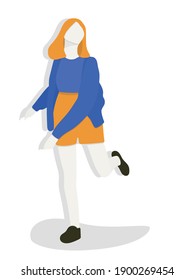 Largo retrato de una joven y hermosa dama de cabello anaranjado vestido casualmente de colores de moda y sonriente y posando aislado en fondo blanco
