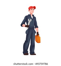 Full length portrait of young and handsome plumber, mechanic, repairman, cartoon style vector illustration isolated on white background. Repairman, mechanic or plumber with a wrench and a toolbox