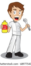 Full length portrait of young and handsome repairman cartoon style vector illustration.  Hold oil bottle Another hand wrench. isolated on white background. 