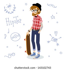 Full length portrait of a young man with a skateboard dressed like a hipster.