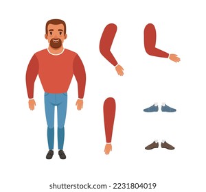 Full length portrait of young man, arms and shoes set. Male character creation, constructor for animation cartoon vector illustration