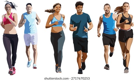 Ganzes Porträt eines jungen Mannes und einer jungen Frau, die auf einer Asphaltbahn in der Stadt joggen