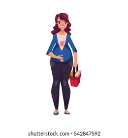 Full length portrait of young pregnant woman, cartoon vector illustration isolated on white background. Beautiful woman holding shopping basket with food, front view