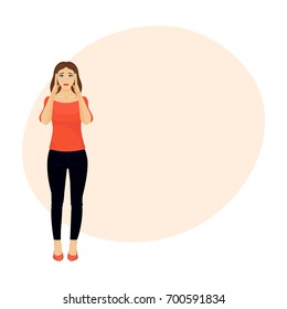 Retrato completo de uma jovem chateada segurando a cabeça. Resultado ruim conceito de negócio Modelo de design de solução de problema com área de publicidade de cópia. Ilustração vetorial isolada sobre fundo branco.