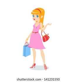 Full length portrait of a young woman in a summer dress with a shopping bag.