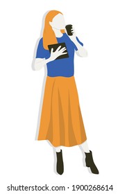 Full length portrait of a young woman wearing casual outfit of trendy colors, holding a tablet and a paper cup of coffee, flat illustration of studying at home during lockdown 