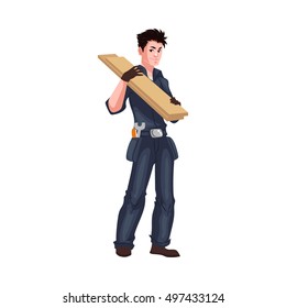 Full length portrait of young worker shouldering wooden boards, cartoon style vector illustration isolated on white background. Young worker or carpenter in blue uniform holding wooden boards