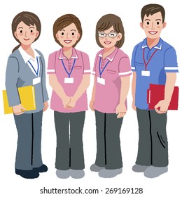 Full Length Portraits Of Geriatric Care Manager And Three Social Workers  In White Background.