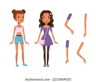 Full length portraits of teenage girls and arms set. Teenage girl character creation, constructor for animation cartoon vector illustration