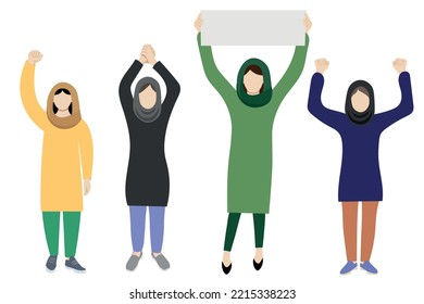 Full length portraits of women in headscarves with arms raised above their heads, flat vector, isolate on white background, faceless illustration, Iran protests, Iranian women