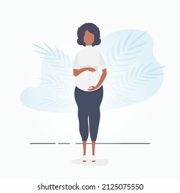 Full length pregnant woman. Well built pregnant female character. Postcard or poster in gentle colors for your design. Flat vector illustration.