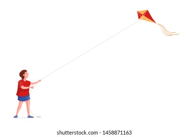 Full length profile drawing of a little boy flying kite. Vector illustration. Isolated on white.