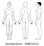 Full length profile, front, back view of a standing naked man