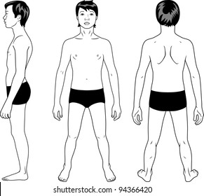 Full length profile, front, back view of a teenager boy