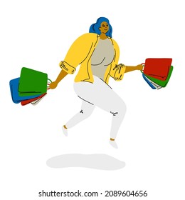 Full length profile illustration of handsome woman carry bags jump high. Happyness of sale in shopping center, store, mall. on isolated white color background