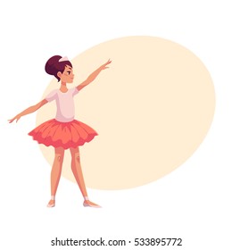 Full length profile portrait of graceful pretty young ballerina in pink tutu, cartoon style vector illustration on yellow background with place for text. Little ballet dancer in pink tutu dancing