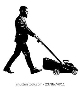 Full length profile shot of a bearded man using a lawnmower isolated on white background