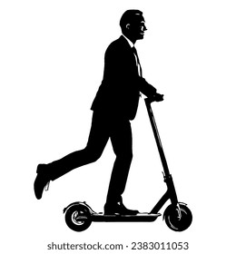 Full length profile shot of a businessman riding an electric sco