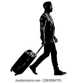 Full length profile shot of a man walking and pulling a suitcase