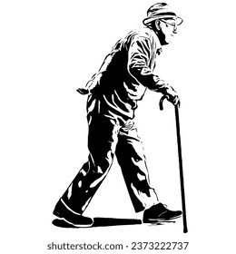 Full length profile shot of a senior walking with a cane isolated on white background