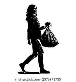 Full length profile shot of a young woman in formal clothes carrying a plastic waste bag isolated on white background