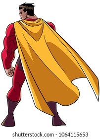 Full length rear view of a powerful superhero with yellow cape standing ready for action against white background with copy space